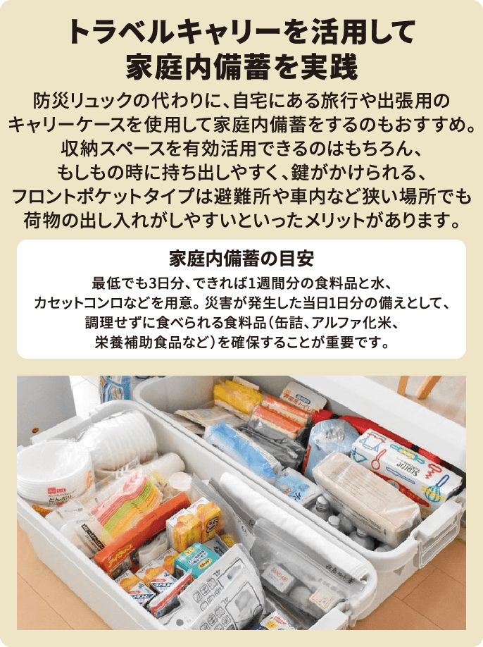 トラベルキャリーを活用して家庭内備蓄を実践