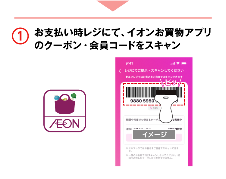 お支払い時レジにて、イオンお買物アプリのクーポン・会員コードをスキャン
