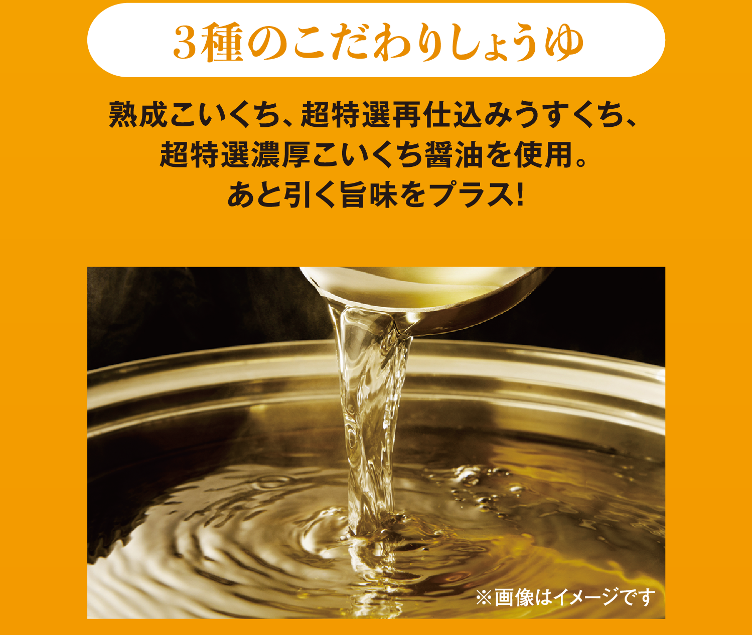 ３種のこだわりしょうゆ 熟成こいくち、超特選再仕込みうすくち、超特選濃厚こいくち醤油を使用。あと引く旨味をプラス！