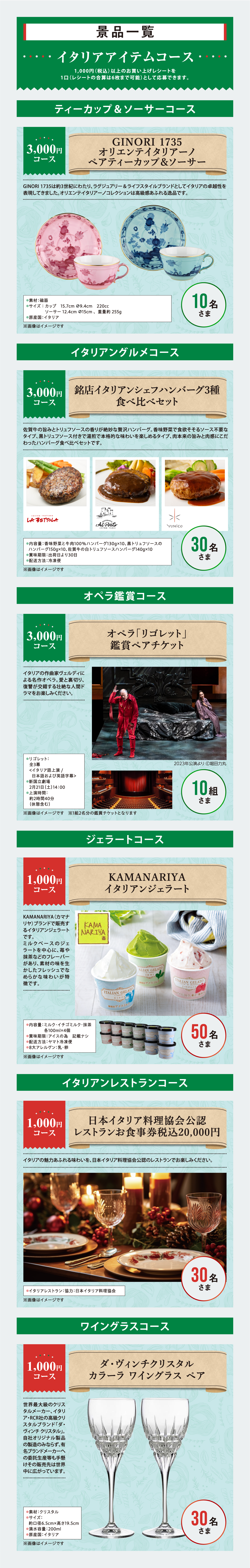 景品一覧 イタリアアイテムコース