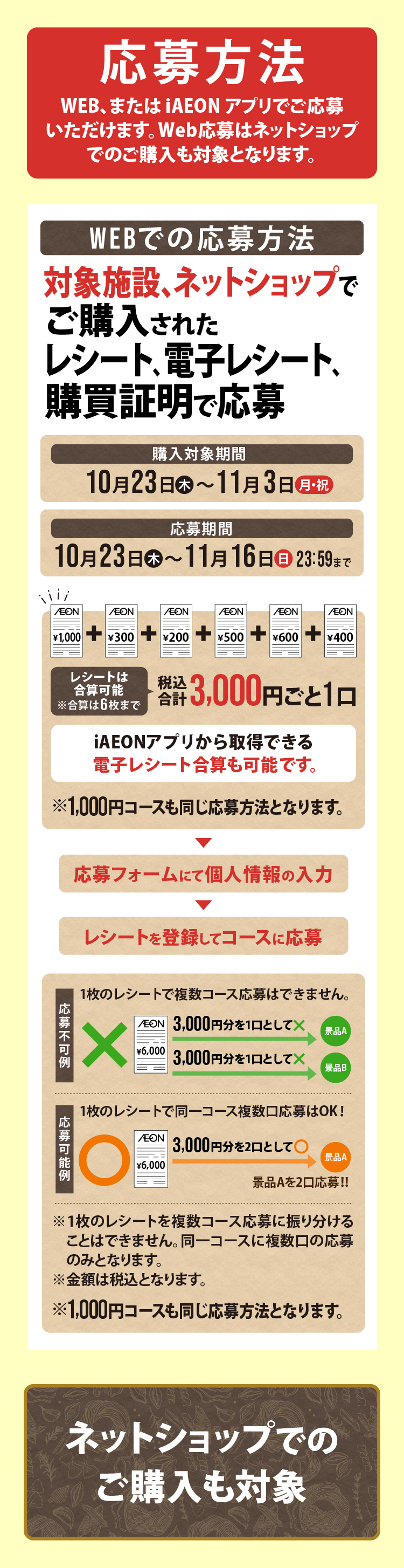 応募方法 WEB、または iAEON アプリでご応募いただけます。Web応募はネットショップでのご購入も対象となります。