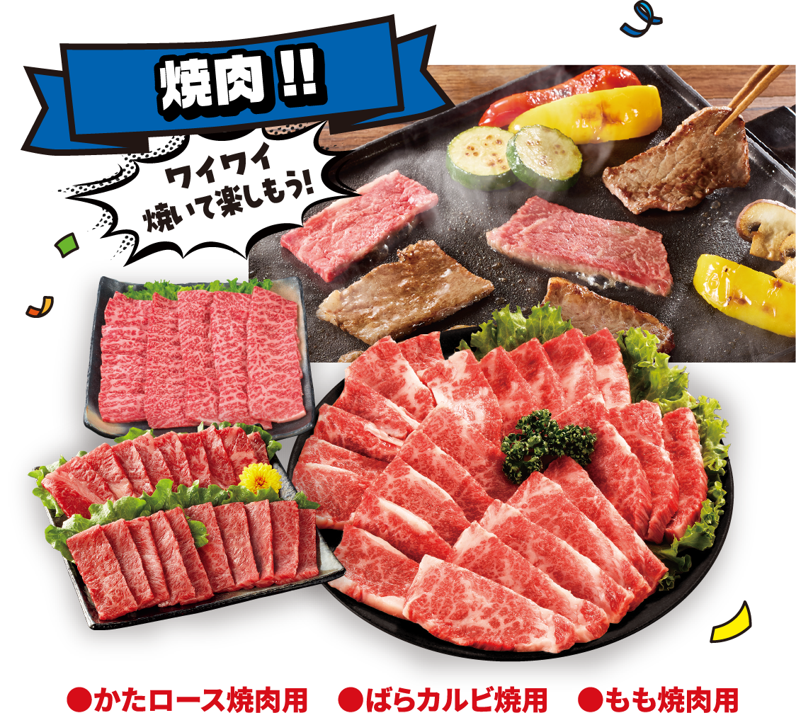 焼肉!! ワイワイ焼いて楽しもう！ ●かたロース焼肉用　●ばらカルビ焼用　●もも焼肉用