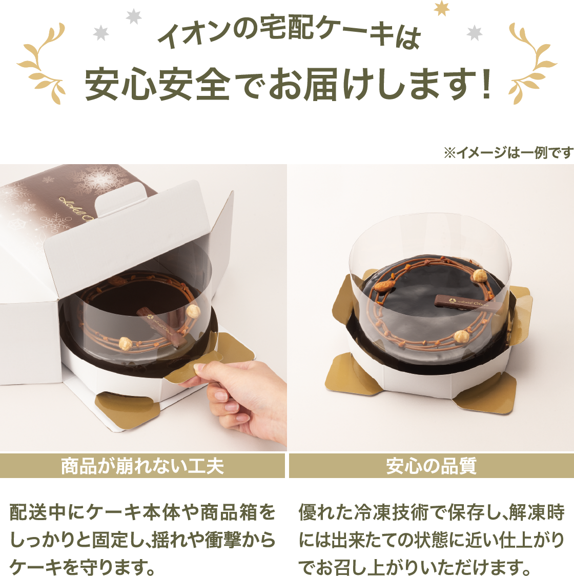 イオンの宅配ケーキは安心安全でお届けします！ 商品が崩れない工夫 配送中にケーキ本体や商品箱をしっかりと固定し、揺れや衝撃からケーキを守ります。 安心の品質 優れた冷凍技術で保存し、解凍時には出来立ての状態に近い仕上がりでお召し上がりいただけます。