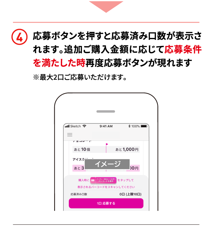 4 応募ボタンを押すと応募済み口数が表示されます。追加ご購入金額に応じて応募条件を満たした時再度応募ボタンが現れます
※最大2口ご応募いただけます。