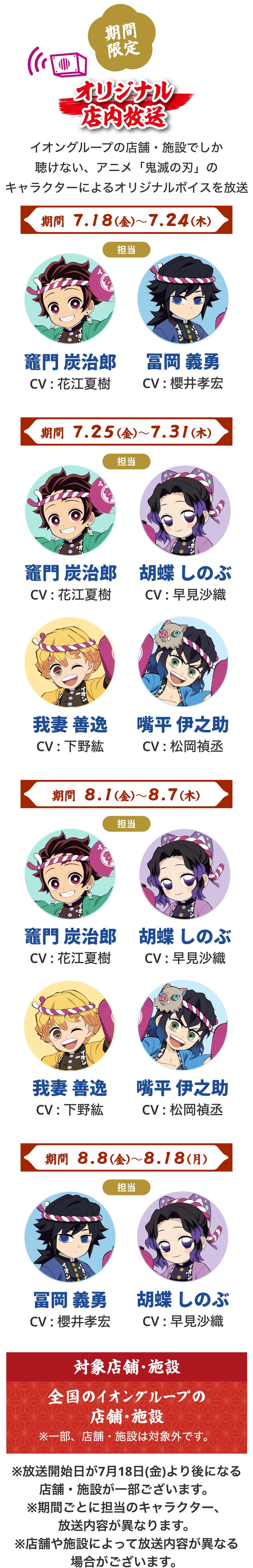 イオンと鬼滅の刃がコラボした期間限定「オリジナル店内放送」。イオングループの店舗・施設でしか聴けない、アニメ『鬼滅の刃』のキャラクターによるオリジナルボイスが放送される。担当キャラクターと期間は、第一期間：7月18日（金）〜7月24日（木） 担当は、竈門炭治郎（CV：花江夏樹）と冨岡義勇（CV：櫻井孝宏）。第二期間：7月25日（金）〜7月31日（木） 担当は、竈門炭治郎（CV：花江夏樹）と胡蝶しのぶ（CV：早見沙織）と我妻善逸（CV：下野紘）と嘴平伊之助（CV：松岡禎丞）。第三期間：8月1日（金）〜8月7日（木） 担当は、竈門炭治郎（CV：花江夏樹）と胡蝶しのぶ（CV：早見沙織）と我妻善逸（CV：下野紘）と嘴平伊之助（CV：松岡禎丞）。第四期間：8月8日（金）〜8月18日（月） 担当は、冨岡義勇（CV：櫻井孝宏）と胡蝶しのぶ（CV：早見沙織）。対象店舗・施設は全国のイオングループの店舗・施設。一部、店舗・施設は対象外です。キャラクターごとに流れる期間、アナウンス内容が異なります。店舗や施設によって放送内容が異なる場合がございます。