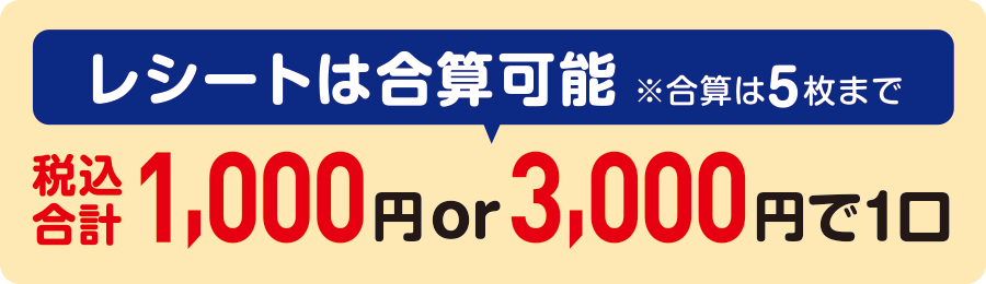 レシート合算可能 ※合算は5枚まで 税込合計1,000円 or 3,000円で1口