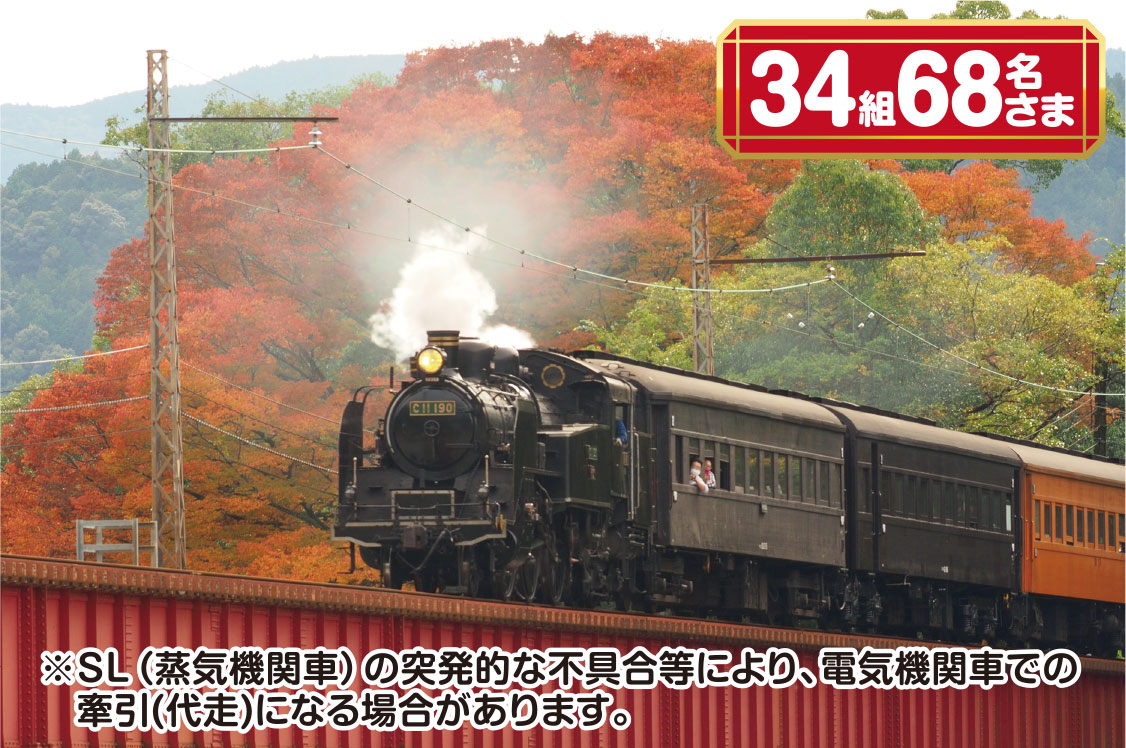 34組 68名さま ※SL(蒸気機関車)の突発的な不具合等により、電気機関車での牽引(代走)になる場合があります。