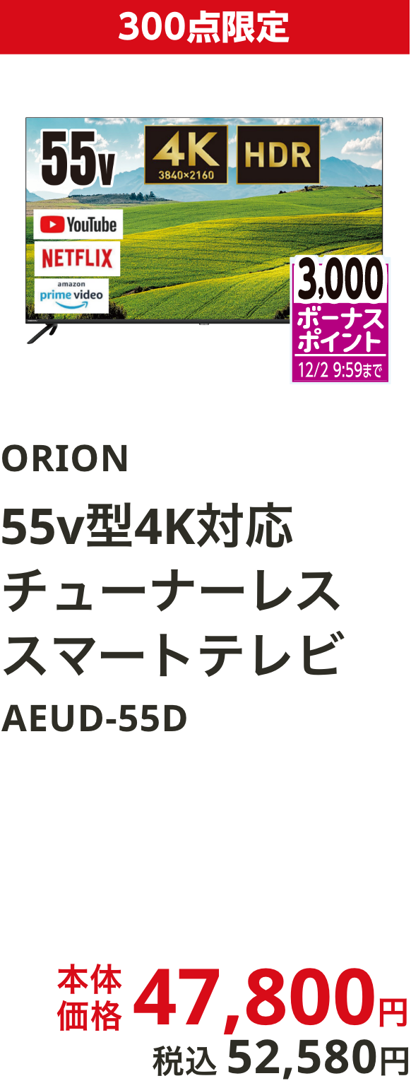 ORION イオン限定モデル55v型 4K対応チューナーレススマートテレビ AEUD-55D