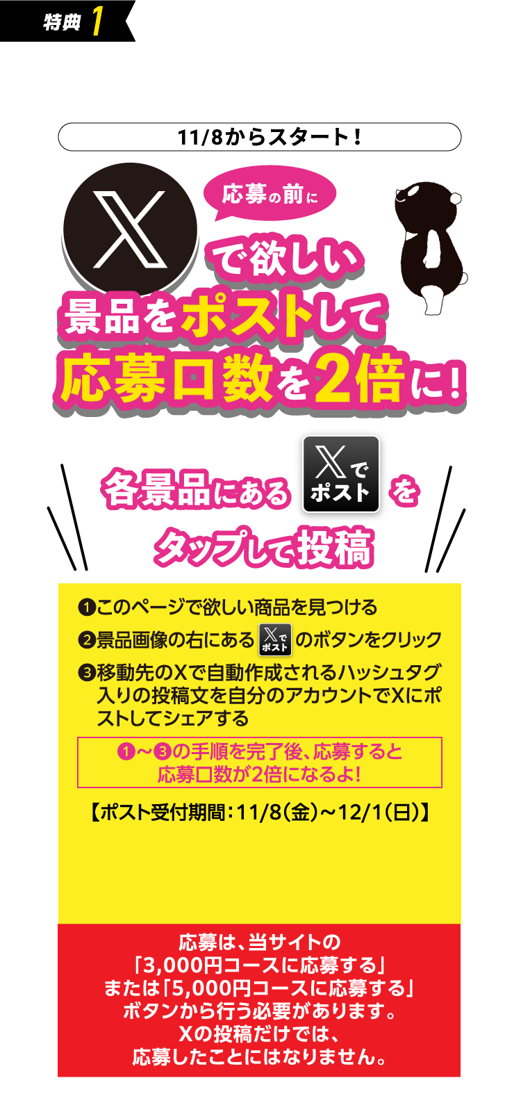 特典1 応募の前にXで欲しい景品をポストして応募口数を2倍に！