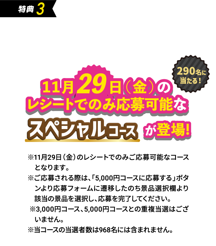 特典3 11月29日（金）のレシートでのみ応募可能なスペシャルコースが登場！