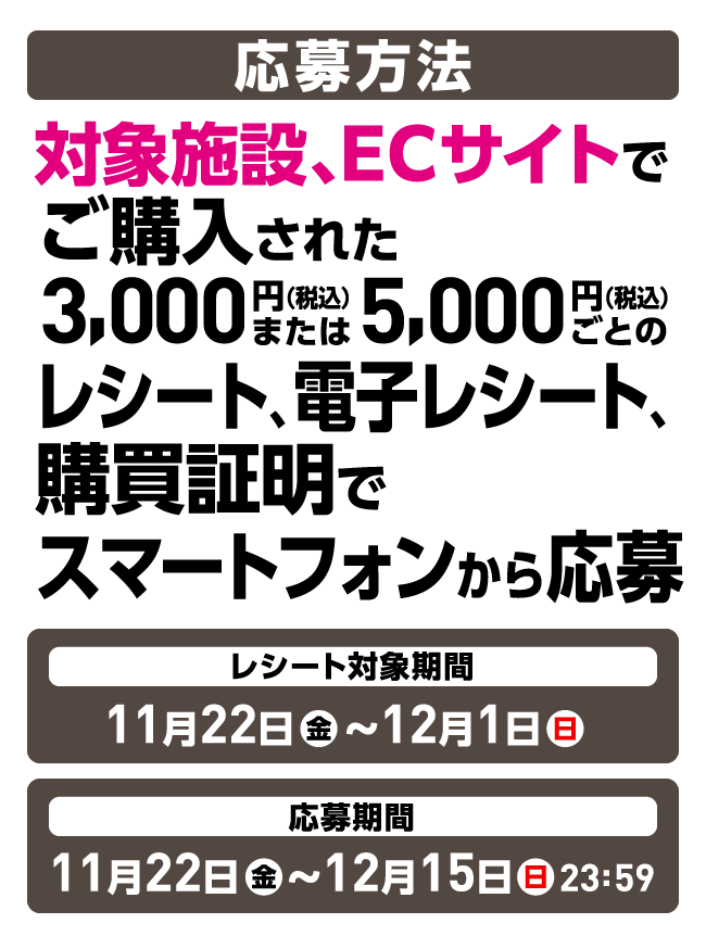 応募方法 対象施設、ECサイトでご購入された3,000円（税込）または5,000円（税込）ごとのレシート、電子レシート、購買証明でスマートフォンから応募