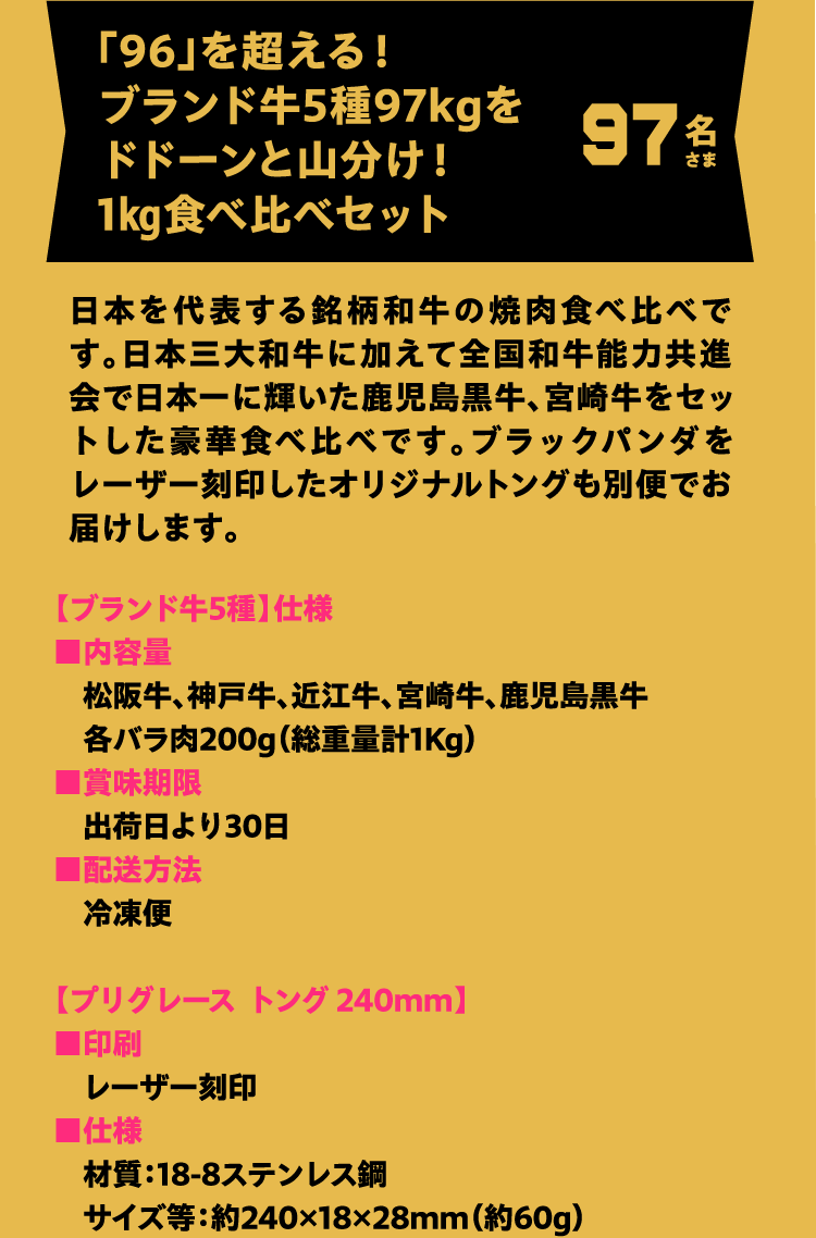「96」を超える！ブランド牛5種97kgをドドーンと山分け！1kg食べ比べセット 97名さま