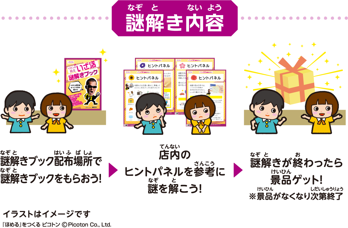 謎解き内容 謎解きブック配布場所で謎解きブックをもらおう！ 店内のヒントパネルを参考に謎を解こう! 謎解きが終わったら景品ゲット! ※景品がなくなり次第終了