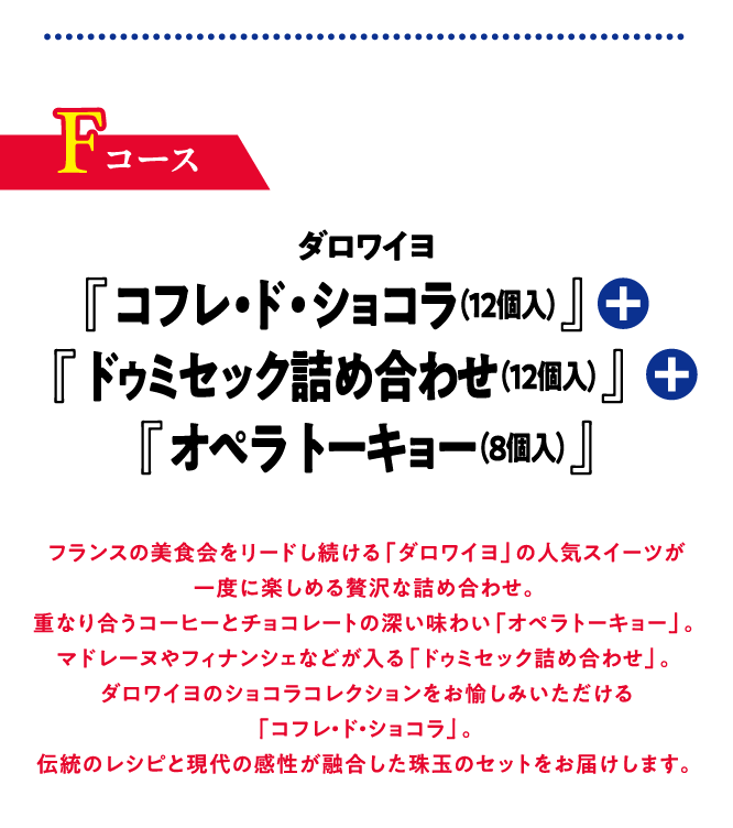 Fコース ダロワイヨ『コフレ・ド・ショコラ（12個入）』＋『ドゥミセック詰め合わせ（12個入）』＋『オペラ トーキョー（8個入）』