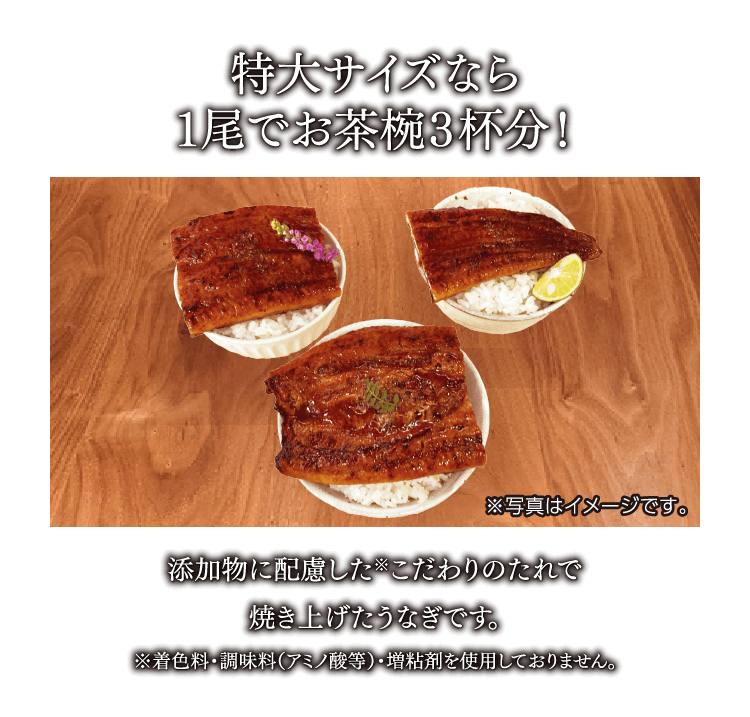 特大サイズなら１尾でお茶椀３杯分！ 添加物に配慮した※こだわりのたれで焼き上げたうなぎです。 ※着色料・調味料（アミノ酸等）・増粘剤を使用しておりません。