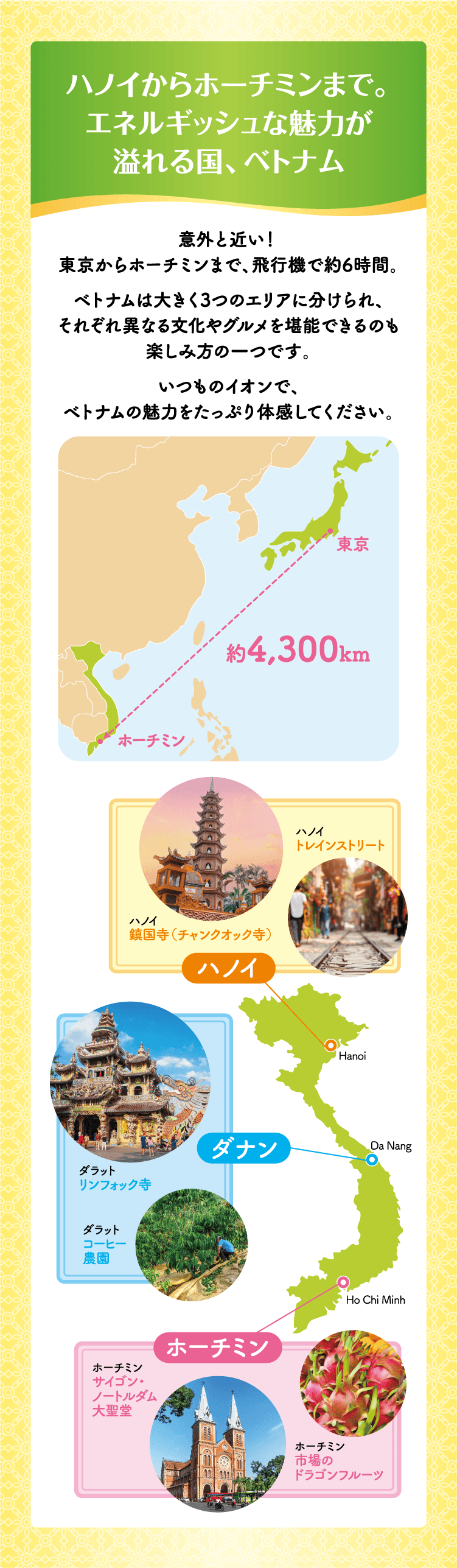 ハノイからホーチミンまで。エネルギッシュな魅力が溢れる国、ベトナム 意外と近い！東京からホーチミンまで、飛行機で約6時間。ベトナムは大きく3つのエリアに分けられ、それぞれ異なる文化やグルメを堪能できるのも楽しみ方の一つです。いつものイオンで、ベトナムの魅力をたっぷり体感してください。東京からホーチミン 約4,300km ハノイ トレインストリート ハノイ 鎮国寺(チャンクオック寺)  ダラット リンフォック寺 ダラット コーヒー農園 ホーチミン サイゴン・ノートルダム大聖堂 ホーチミン市場のドラゴンフルーツ