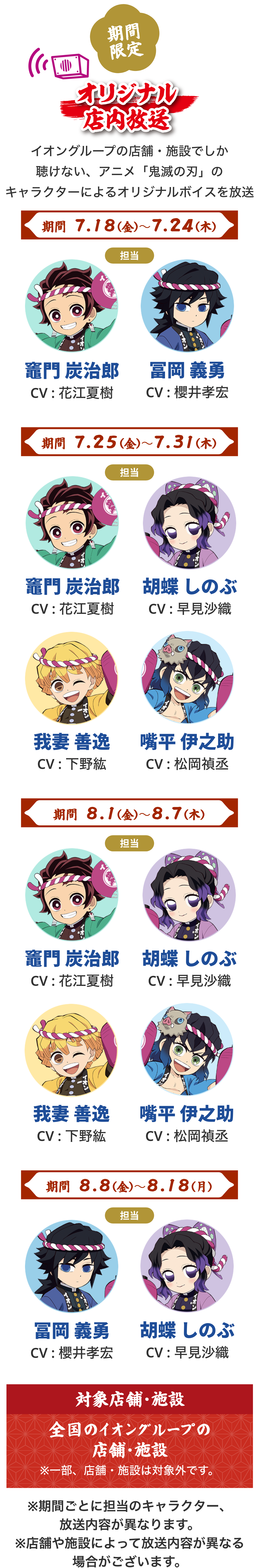 イオンと鬼滅の刃がコラボした期間限定「オリジナル店内放送」。イオングループの店舗・施設でしか聴けない、アニメ『鬼滅の刃』のキャラクターによるオリジナルボイスが放送される。担当キャラクターと期間は、第一期間：7月18日（金）〜7月24日（木） 担当は、竈門炭治郎（CV：花江夏樹）と冨岡義勇（CV：櫻井孝宏）。第二期間：7月25日（金）〜7月31日（木） 担当は、竈門炭治郎（CV：花江夏樹）と胡蝶しのぶ（CV：早見沙織）と我妻善逸（CV：下野紘）と嘴平伊之助（CV：松岡禎丞）。第三期間：8月1日（金）〜8月7日（木） 担当は、竈門炭治郎（CV：花江夏樹）と胡蝶しのぶ（CV：早見沙織）と我妻善逸（CV：下野紘）と嘴平伊之助（CV：松岡禎丞）。第四期間：8月8日（金）〜8月18日（月） 担当は、冨岡義勇（CV：櫻井孝宏）と胡蝶しのぶ（CV：早見沙織）。対象店舗・施設は全国のイオングループの店舗・施設。一部、店舗・施設は対象外です。キャラクターごとに流れる期間、アナウンス内容が異なります。店舗や施設によって放送内容が異なる場合がございます。