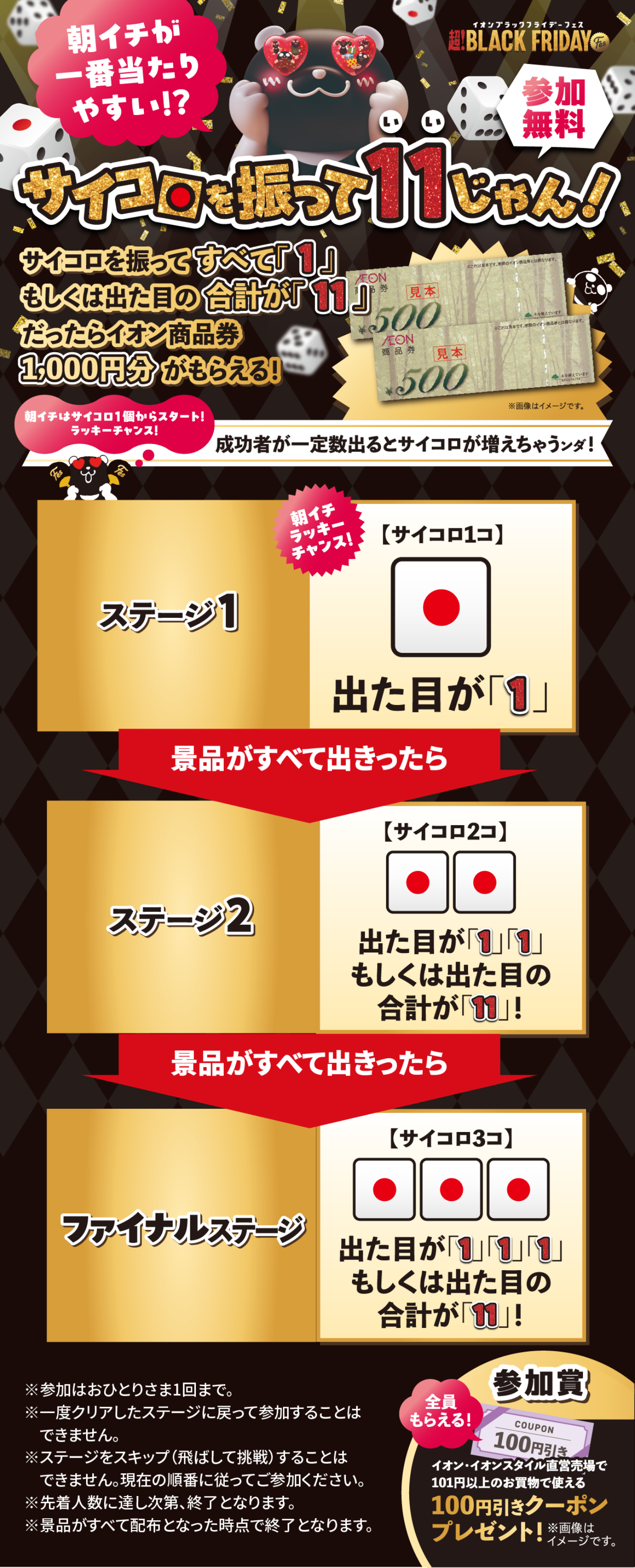 朝イチが一番当たりやすい!? 参加無料 サイコロを振って11じゃん！ サイコロを振ってすべて「1」もしくは出た目の合計が「11」だったらイオン商品券1,000円分がもらえる！ ステージ1・ステージ2・ファイナルステージ 参加賞 100円引きクーポンプレゼント