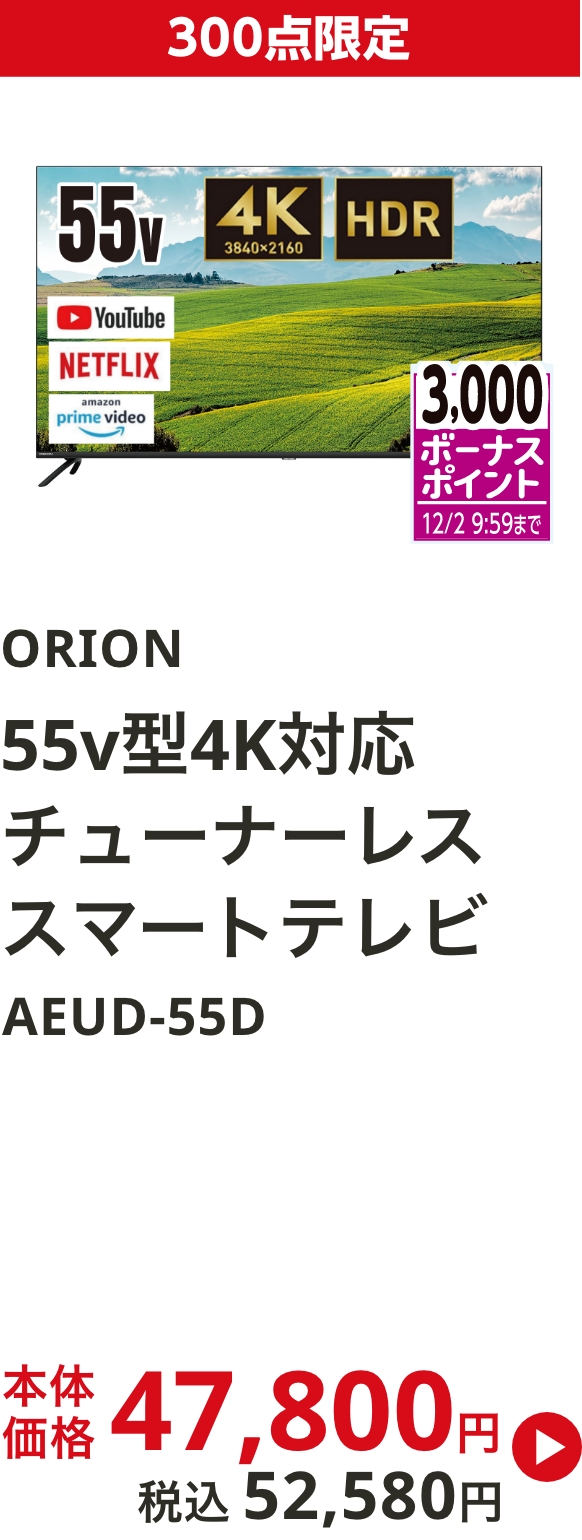 ORION イオン限定モデル55v型 4K対応チューナーレススマートテレビ AEUD-55D