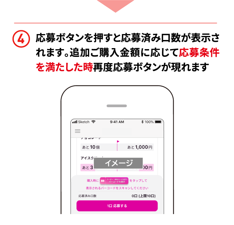 4 応募ボタンを押すと応募済み口数が表示されます。追加ご購入金額に応じて応募条件を満たした時再度応募ボタンが現れます