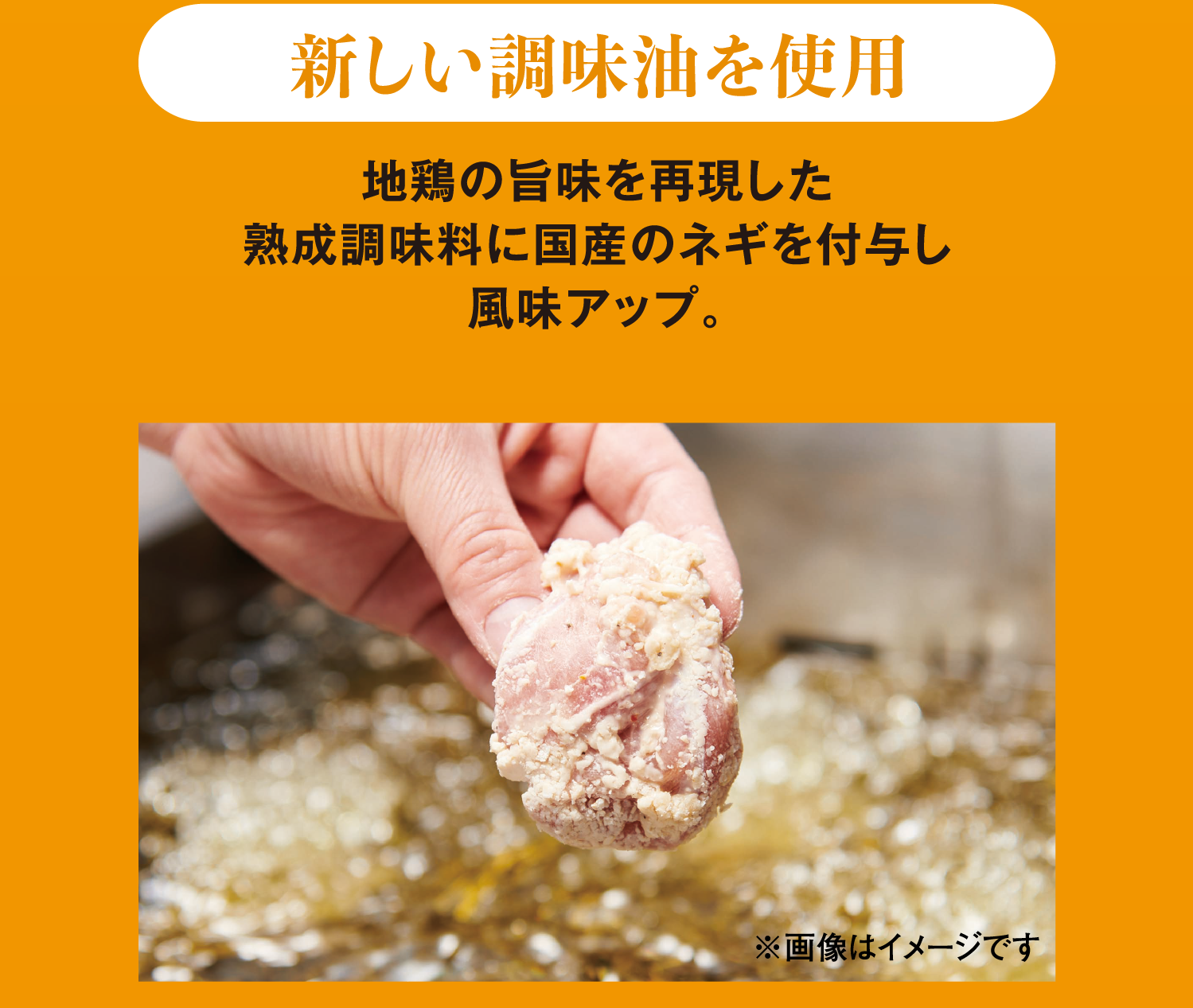 新しい調味油を使用 地鶏の旨味を再現した熟成調味料に国産のネギを付与し風味アップ。