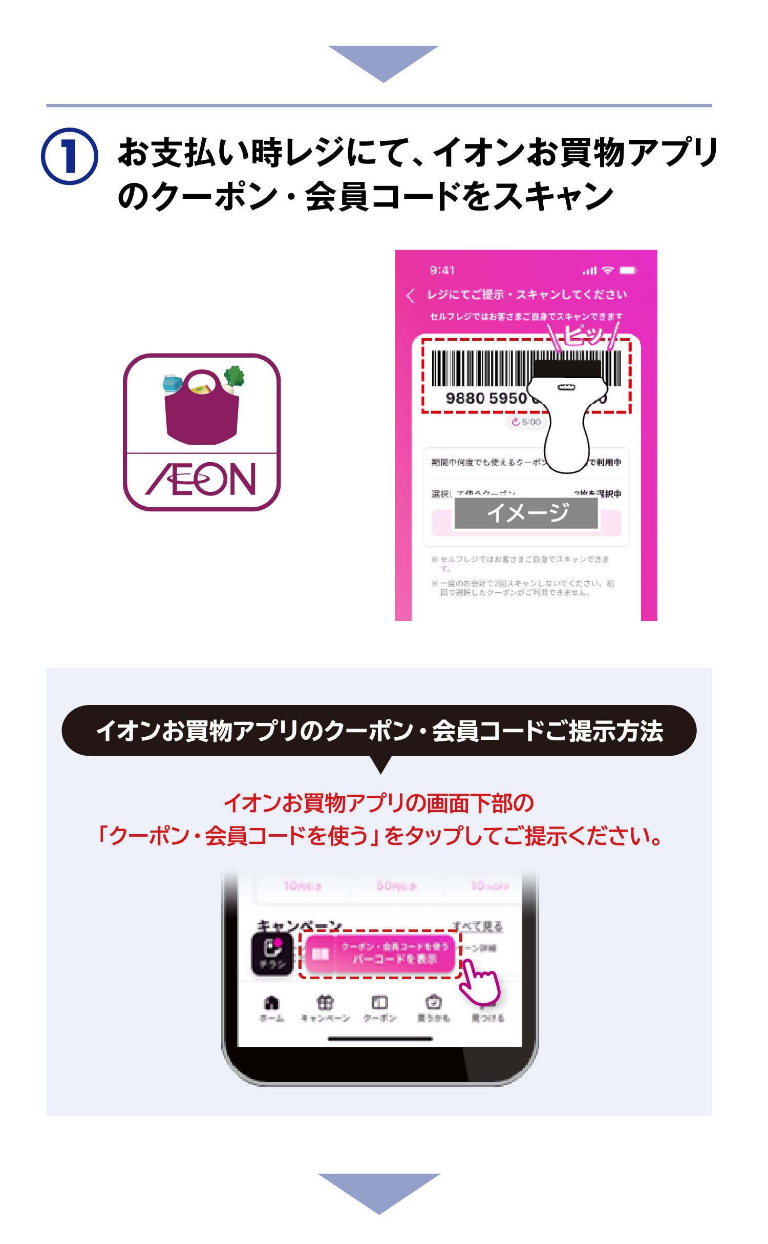 お支払い時レジにて、イオンお買物アプリのクーポン・会員コードをスキャン