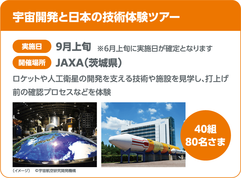 宇宙開発と日本の技術体験ツアー 実施日 9月上旬 ※6月上旬に実施日が確定となります JAXA(茨城県) ロケットや人工衛星の開発を支える技術や施設を見学し、打上げ前の確認プロセスなどを体験 40組 80名さま 宇宙航空研究開発機構